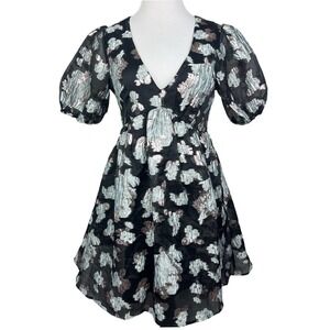 Jun & Ivy Metallic Floral Jacquard Mini Dress M Puff Sleeve Black Blue